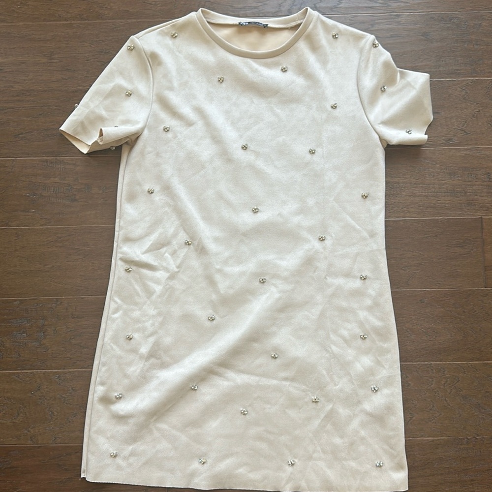 Cream Suede diamond studded shift dress